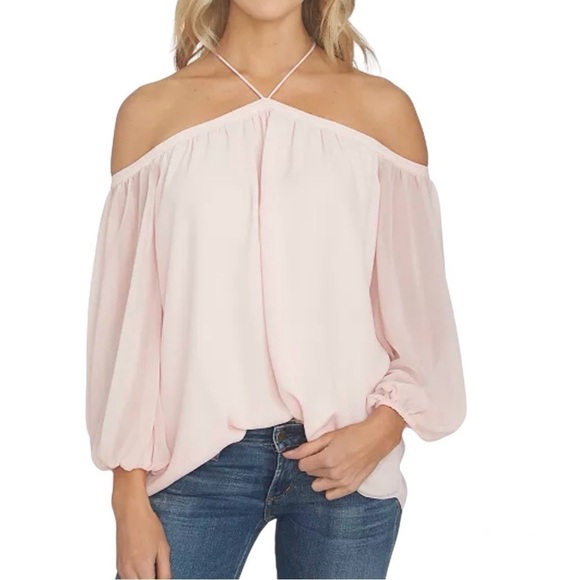 1. State Tops - 1.STATE Off-Shoulder‎ Halter Blouse, Chiffon Sleeves, Pink Sz S